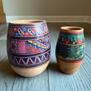 Handcrafted Peruvian Andean Terracotta Kero Vessels 2-Piece Set